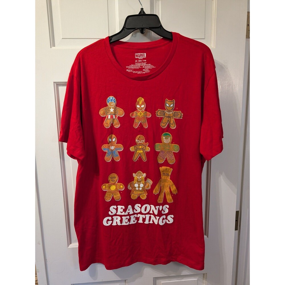 Marvel Gingerbread Superheroes Christmas T-Shirt Mens 2XL Red Seasons Greetings